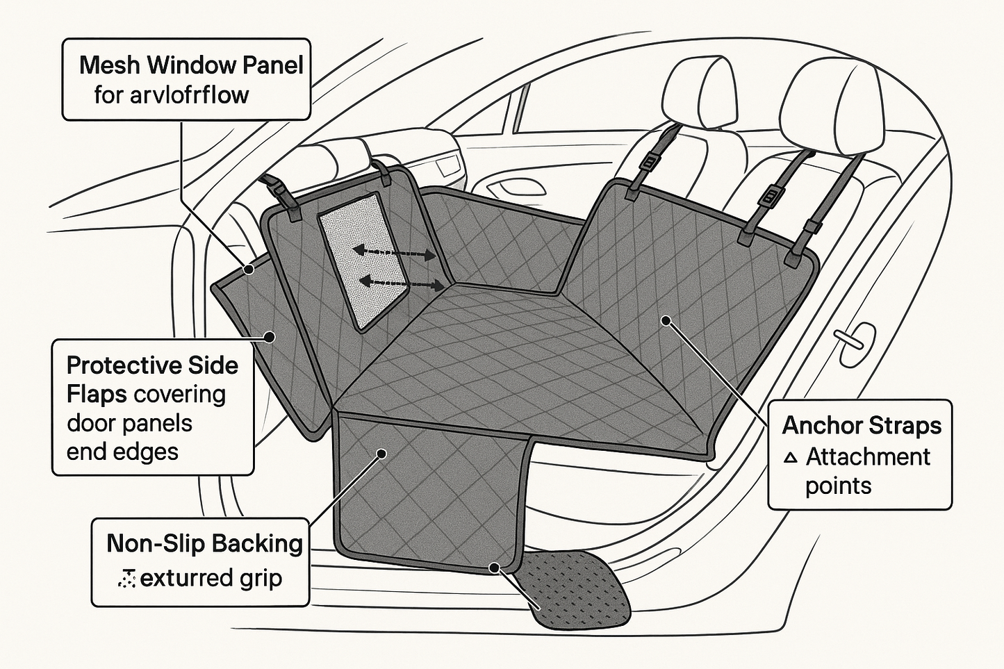 Feature diagram (mesh/side flaps/non-slip)